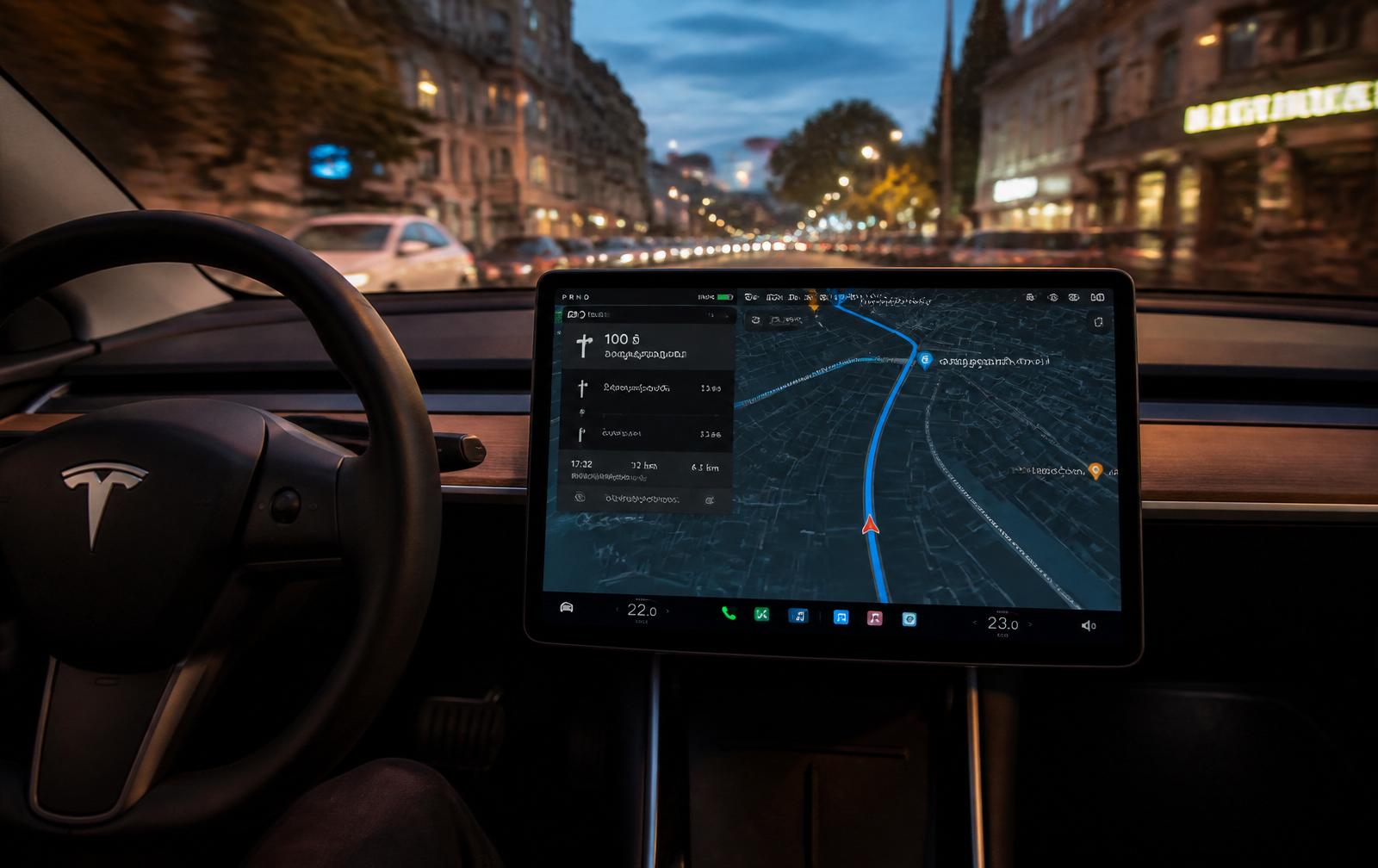 Tesla Model 3-ის ეკრანი ცოცხალი ნავიგაციით თბილისში